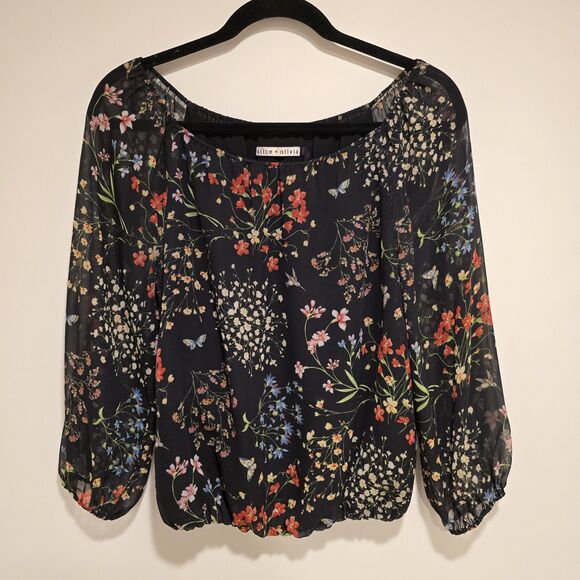 Alice + Olivia Floral Garden Top Size XS Butterfly Spring Blouse Peasant Designe - Picture 1 of 11